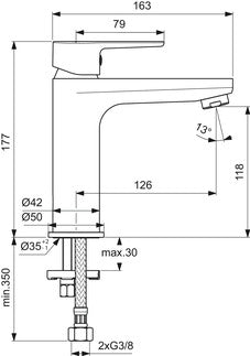 Смесител за умивалник H120 черен мат - Ideal Standard, технически диаграма с размери и връзки за монтаж