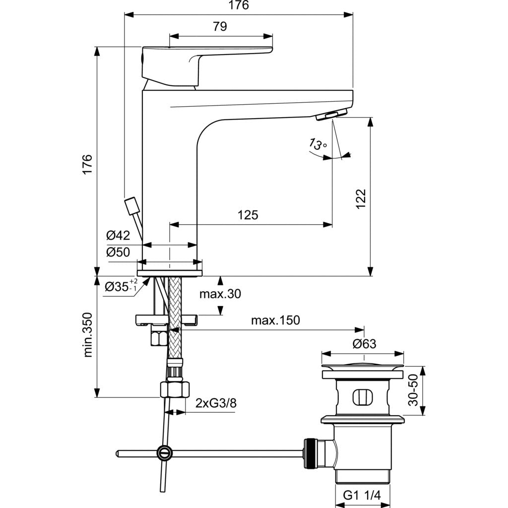 CERAFINE O И CERATHERM T25 КОМПЛЕКТ 3 В 1 - Ideal Standard технически чертеж на смесител с размери за баня KERANOVA онлайн магазин