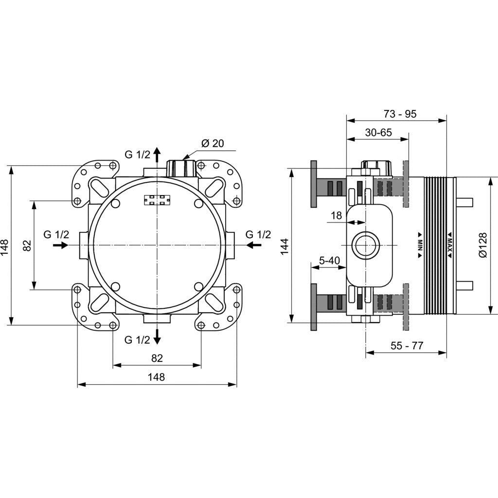 Комплект за вграждане Ceratherm T100 черен мат - Ideal Standard технически чертеж с размери за монтаж, онлайн магазин KERANOVA