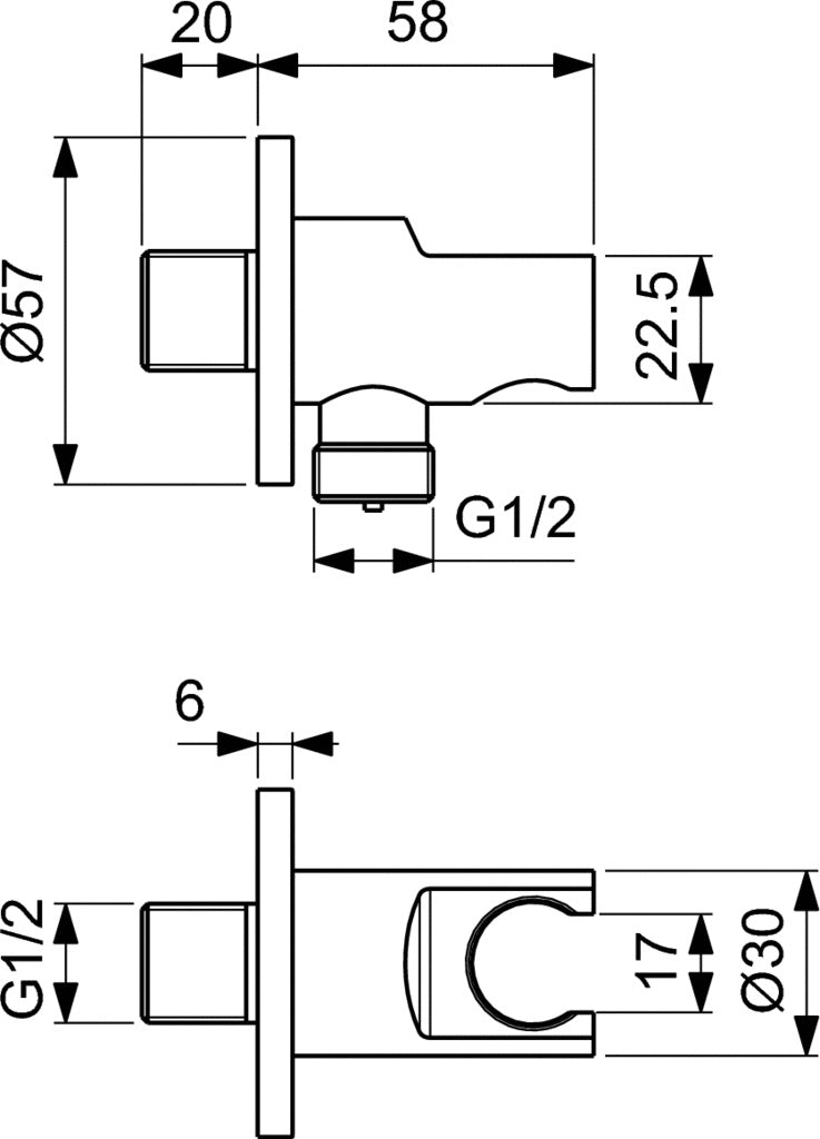 Хигиенен комплект за вграждане Alpha - Ideal Standard схема стенна конзола с размери G1/2, Ø57, Ø30 за онлайн магазин KERANOVA