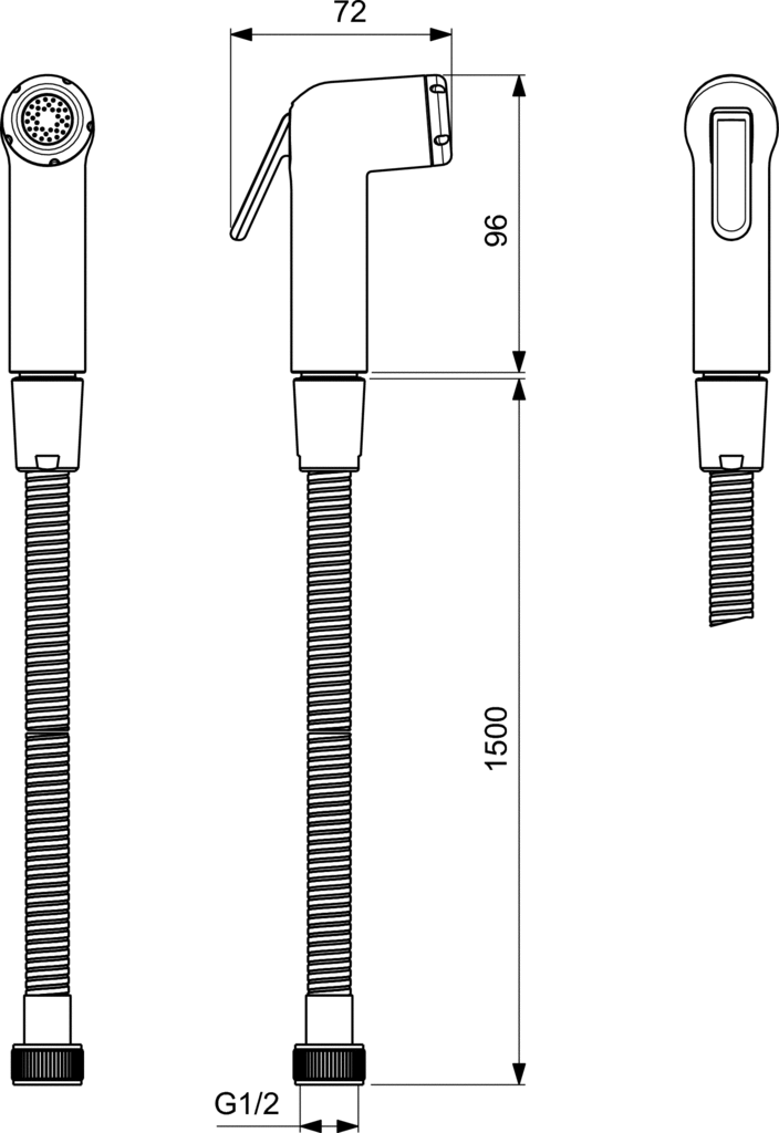 Хигиенен комплект IDEALSPRAY - Ideal Standard хигиенен душ с шлаух 1500 mm, хром, G1/2, технически чертеж за KERANOVA онлайн магазин