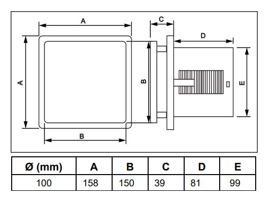 Вентилатор за баня BFS100 - бял панел, схема размери (Ø100 мм A158 B150 C39 D81 E99) за онлайн магазин KERANOVA