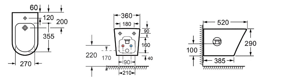 Конзолно биде Sorrento за стенен монтаж, технически чертеж с размери за онлайн магазин за обзавеждане за бани KERANOVA