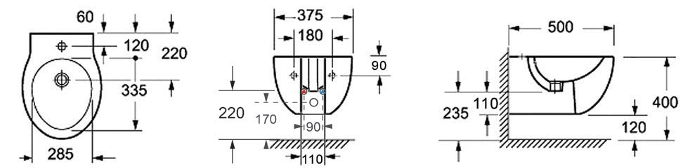 Конзолно биде Aphro - стенен монтаж, технически размери и схеми, онлайн магазин KERANOVA