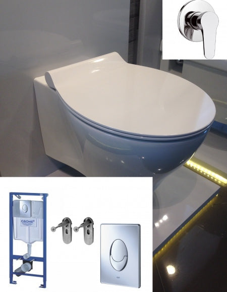 Промо пакет Rimless тоалетна с биде, смесител и Grohe с хром бутон – комплект rimless тоалетна Sano, Grohe структура и хром активатор | KERANOVA