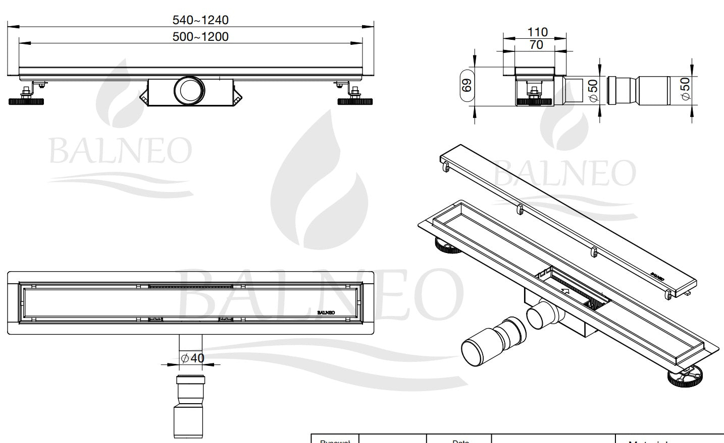 Duplex Next Gold за плочка или плътна решетка 60, 70 и 80 см. - технически чертеж на линеен сифон за баня с размери и PVD златно покритие, KERANOVA