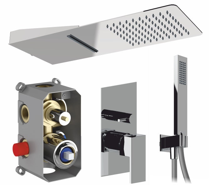 Вграден сет Italia R Quadra Chrome квадратен душ комплект с ултратънка дъжд/водопад пита, стенен смесител и слушалка - KERANOVA