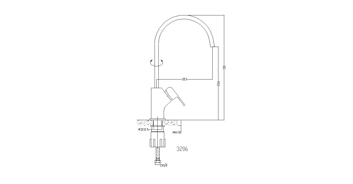 Кухненски смесител Bretan с хромирана повърхност, технически чертеж и размери — онлайн магазин KERANOVA
