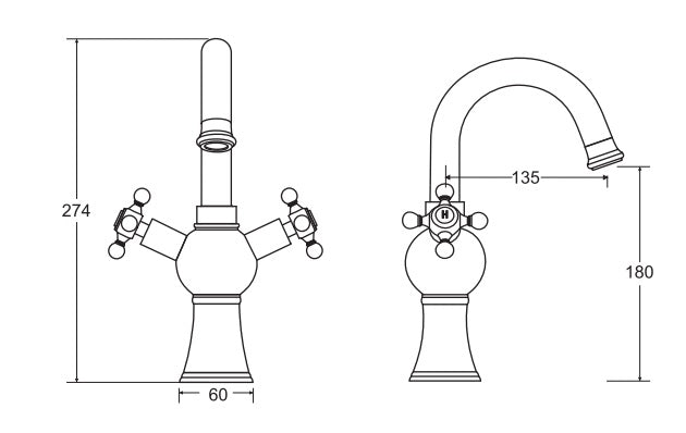 Смесител за мивка Retro II Gold - технически чертеж и размери (274 мм височина, изход 135 мм, височина 180 мм)