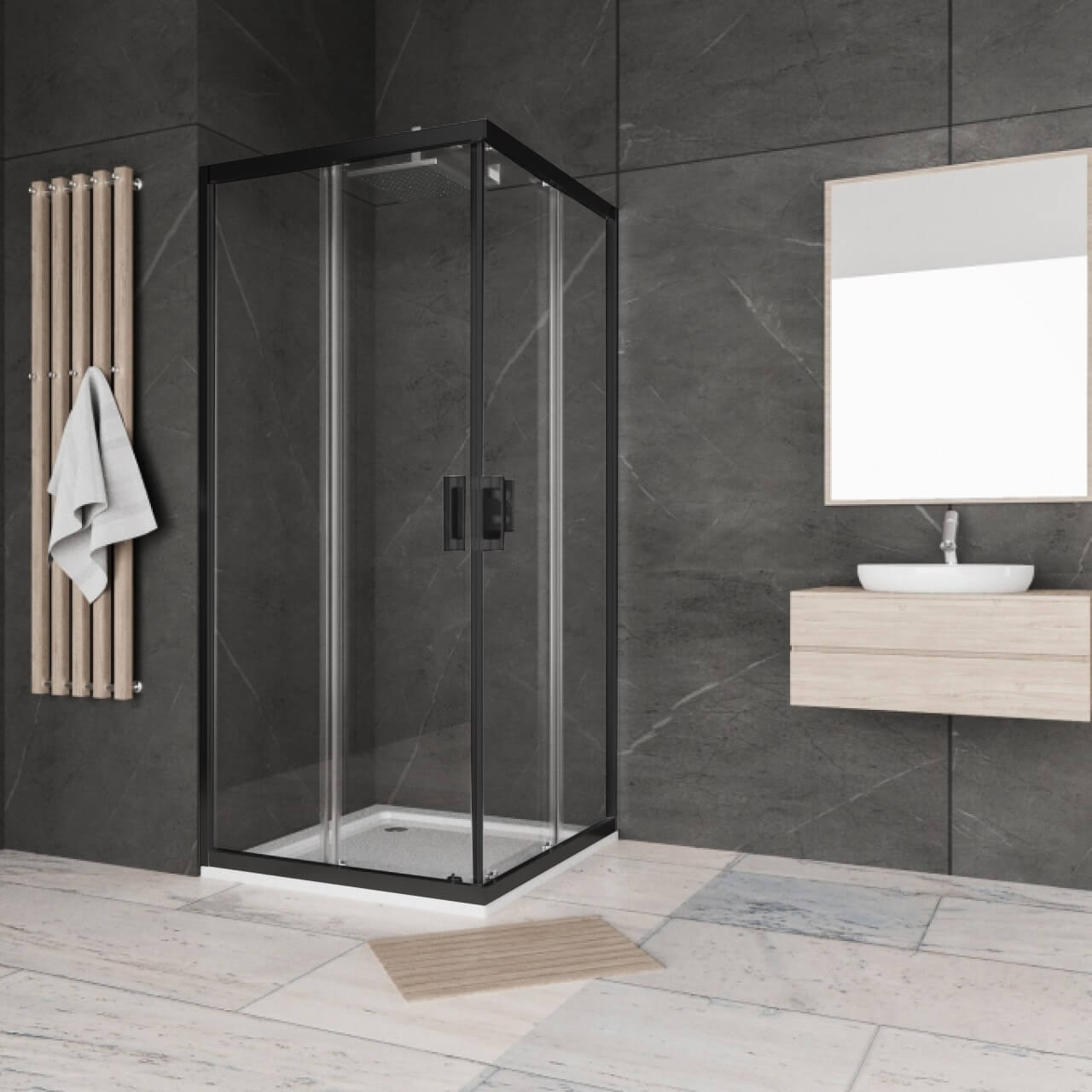 Душ кабина Bella S Black - 90x90 см. квадратна с 6 мм прозрачно закалено стъкло, черен профил, магнитни уплътнения, височина 195 см - KERANOVA