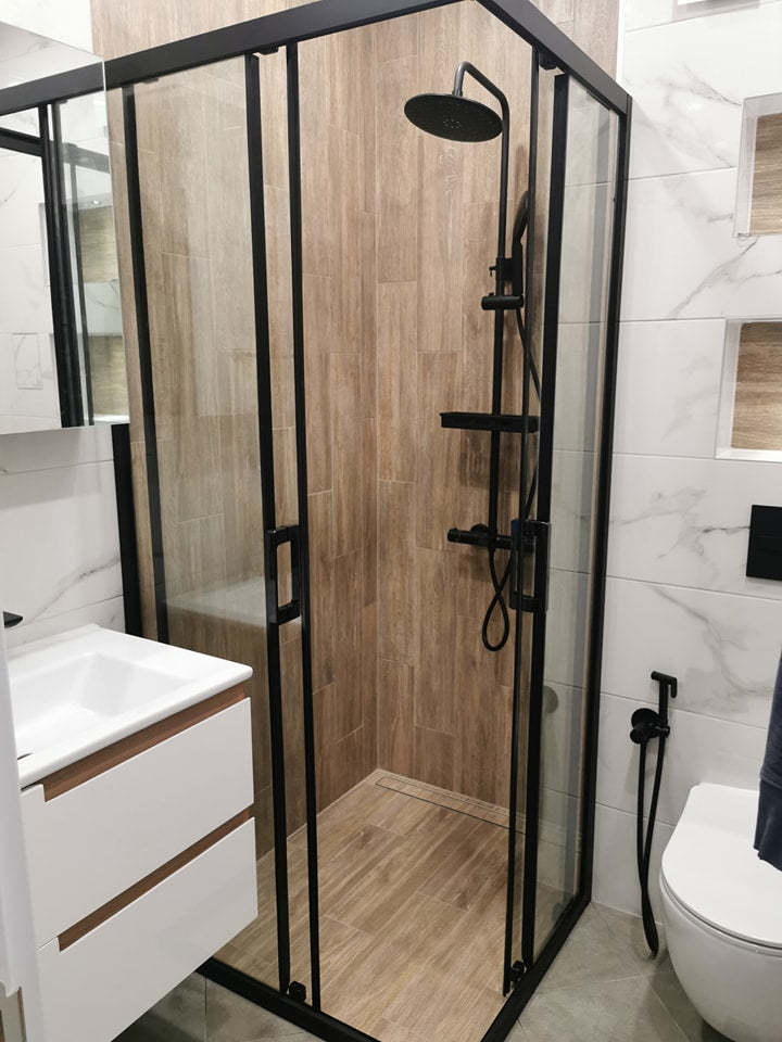 Душ кабина Bella S Black - 90x90 см. черна алуминиева рамка, прозрачно 6 мм закалено стъкло, магнитни уплътнения, височина 195 см - KERANOVA