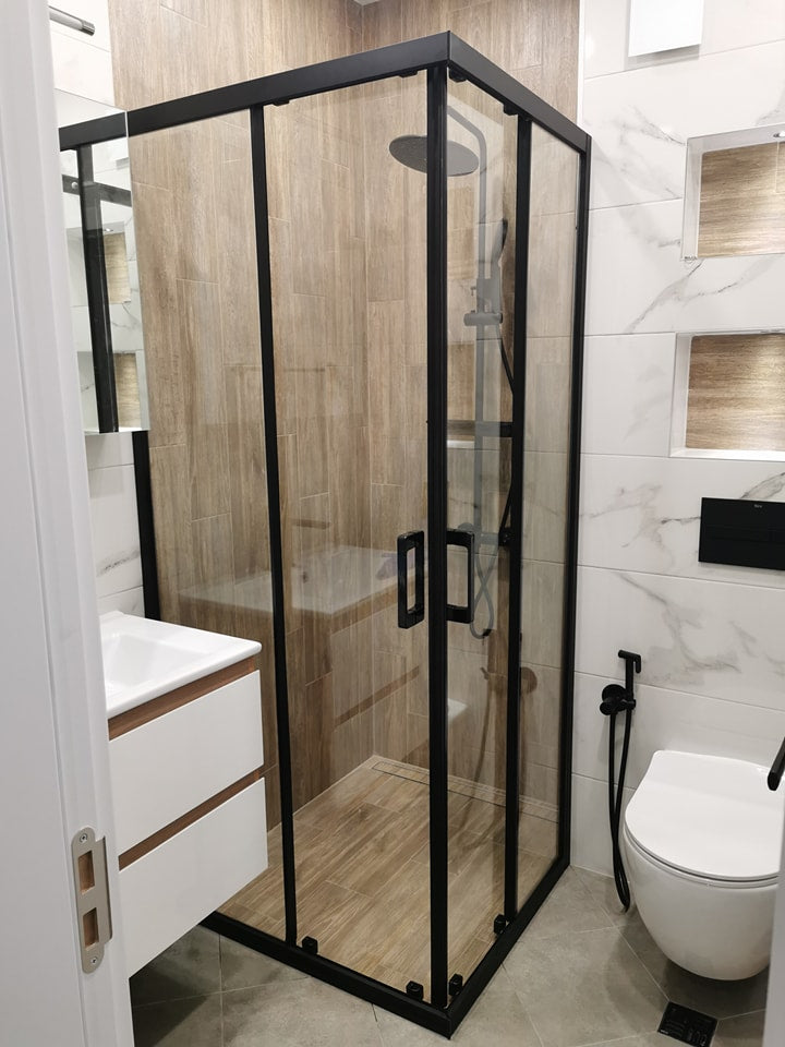Душ кабина Bella S Black - 90x90 см. черен профил, 6 мм прозрачно закалено стъкло, двойни ролки, магнитни уплътнения - KERANOVA