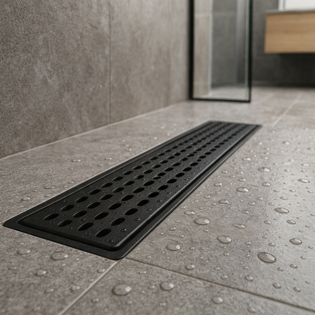 Линеен сифон PLD Black 40 и 60 см. в банята с черен цветен дизайн и дренажни отвори.