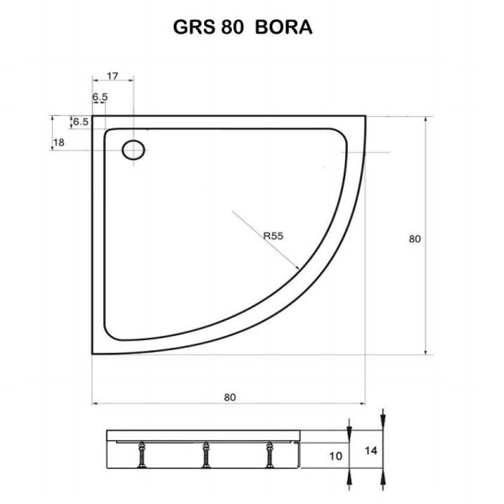 Alt Tag: Акрилно корито Bora 80х80 и 90х90 см. схема и размери GRS80, подсилено дъно, регулируеми крака, със сифон - KERANOVA онлайн магазин
