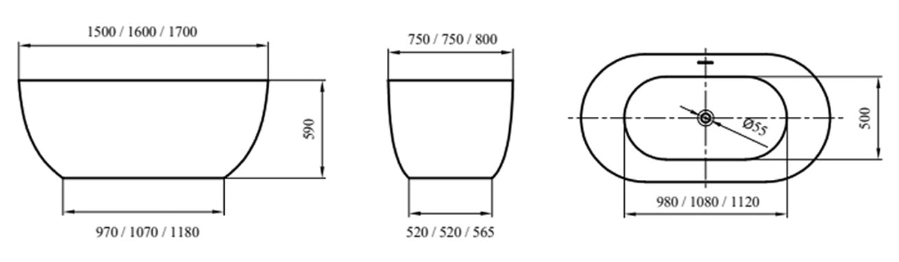 Свободностояща вана Danae Bianco Opaco 150х75, 160х75 и 170х80 см. - технически размери и схема, KERANOVA онлайн магазин