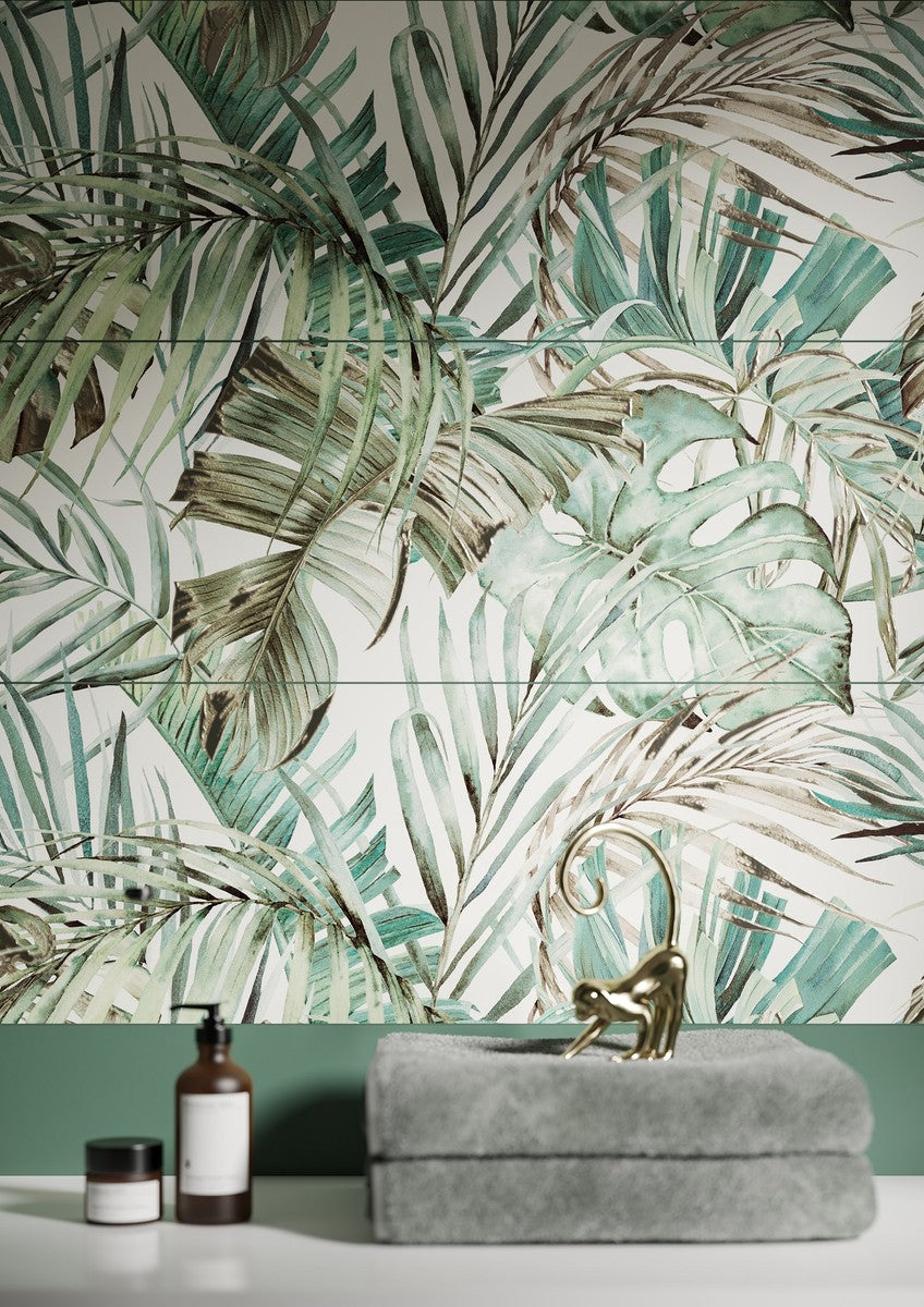 Calacatta Silver 29x89 Cersanit калибровани плочки за баня с декорация на тропически листа, онлайн магазин KERANOVA