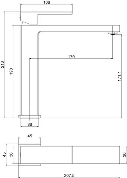 Смесител за мивка Cat Matt Black 171 - технически чертеж с размери, керамичен механизъм, черен мат, онлайн магазин KERANOVA