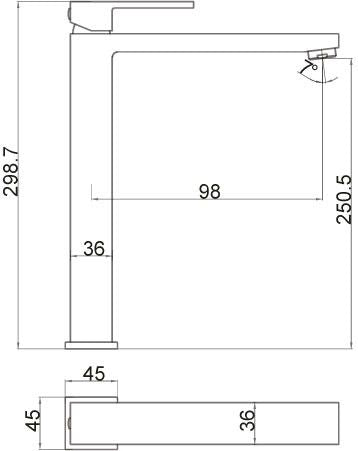 Висок смесител за мивка Cat Matt Black 250 - технически чертеж с размери, matt black, онлайн магазин KERANOVA