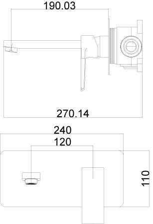 Стенен смесител за мивка Cat Matt Black - технически чертеж с размери 270x110 мм, мат черно, модел CAT492NM, онлайн магазин KERANOVA