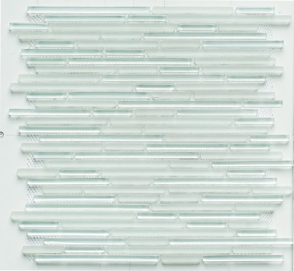 Alt Tag: Glass Mix Strip Mosaic WHITE 29,8х30,5 см. - стъклена мозайка ленти бяла за бани KERANOVA, лист 29,8x30,5 см, артикул CCS8080103