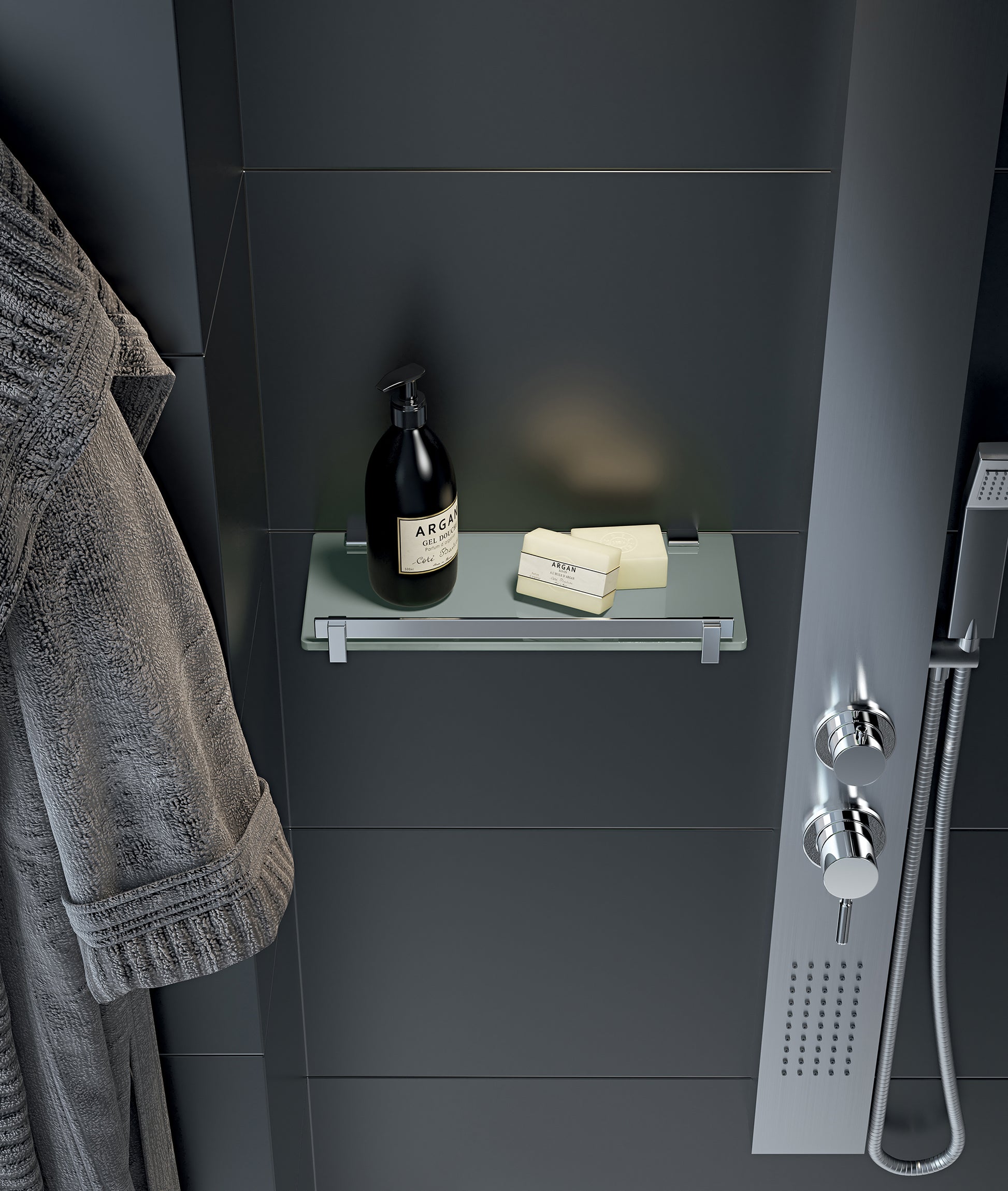 G-Cloud етажерка 30 см. стъклена етажерка за баня с алуминиеви стойки, модел CD18-38, онлайн магазин KERANOVA