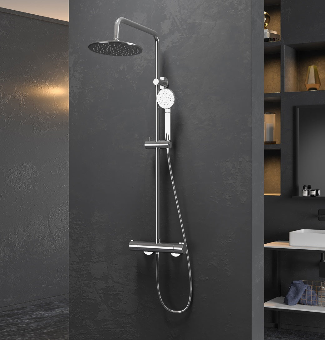 Душ колона Round Thermostatic - хромирана термостатна душ колона с 20x20 см ABS душ пита и ръчен душ, KERANOVA онлайн магазин