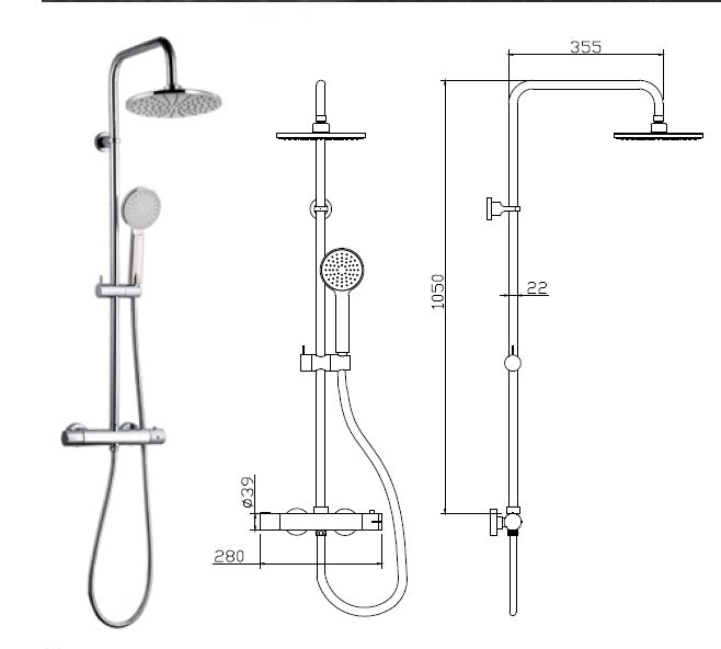 Душ колона Round Thermostatic - термостатна душ колона с 20x20 см ABS душ пита, ръчен душ и шлаух 150 см за онлайн магазин KERANOVA