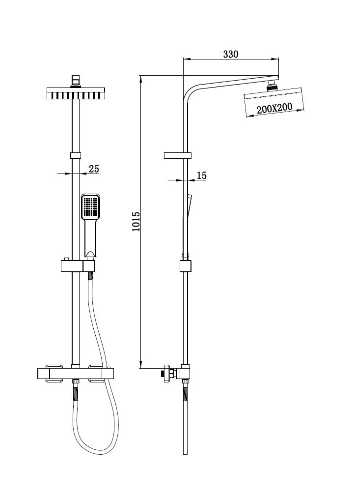 Alt Tag: Квадратна душ колона Thermostatic от KERANOVA – технически чертеж с размери 200x200 мм, ръчен душ и шлаух 150 см
