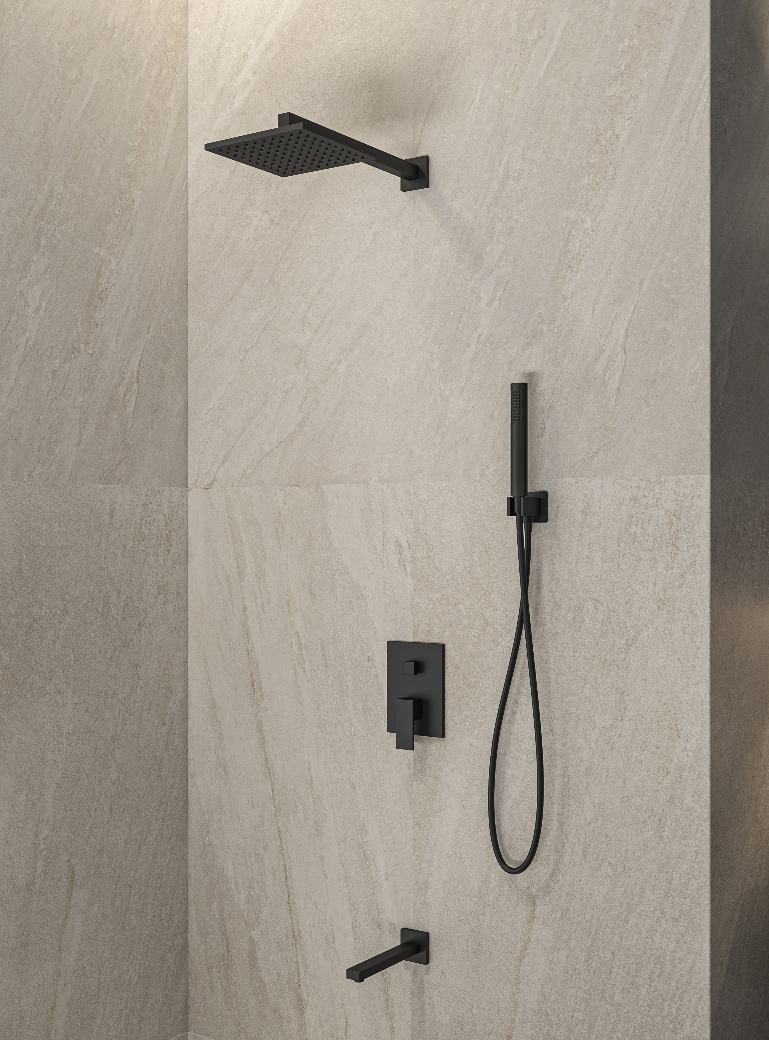 Черна душ система с чучур Delos - вграден италиански комплект с душ глава 21x21 см, месингов чучур и ръчен душ | KERANOVA онлайн магазин