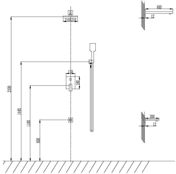 Черна душ система с чучур Delos – технически чертеж с размери и монтажни указания за онлайн магазин KERANOVA