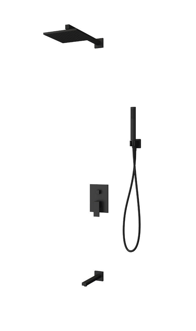 Черна душ система с чучур Delos - модерна вградена душ система с 21x21 см душ глава, месингов чучур и ръчен душ за онлайн магазин KERANOVA