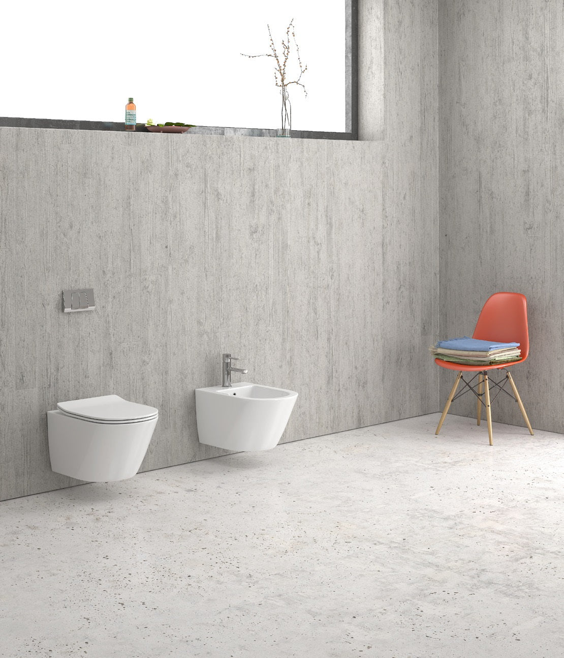 Конзолна тоалетна Sorrento Rimless на стенен монтаж в модерен санитарен интериор – онлайн магазин за обзавеждане за бани KERANOVA