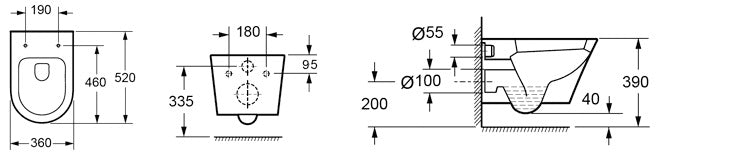 Конзолна тоалетна Sorrento Rimless от Гърция, технически чертеж и размери – онлайн магазин за обзавеждане за бани KERANOVA