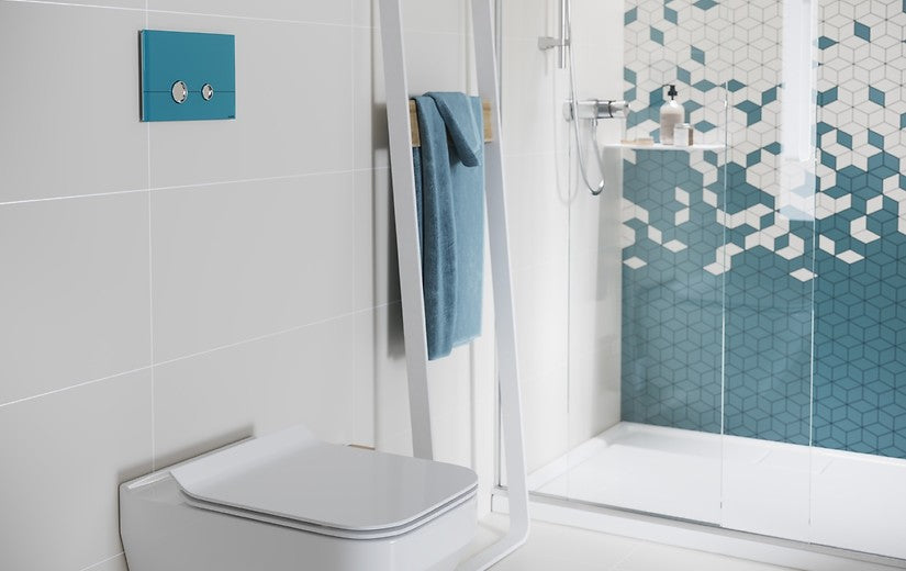 Баня Colour Blink 30x60 Cersanit в онлайн магазин KERANOVA – модерен баня дизайн с ярки геометрични плочки и душ кабина