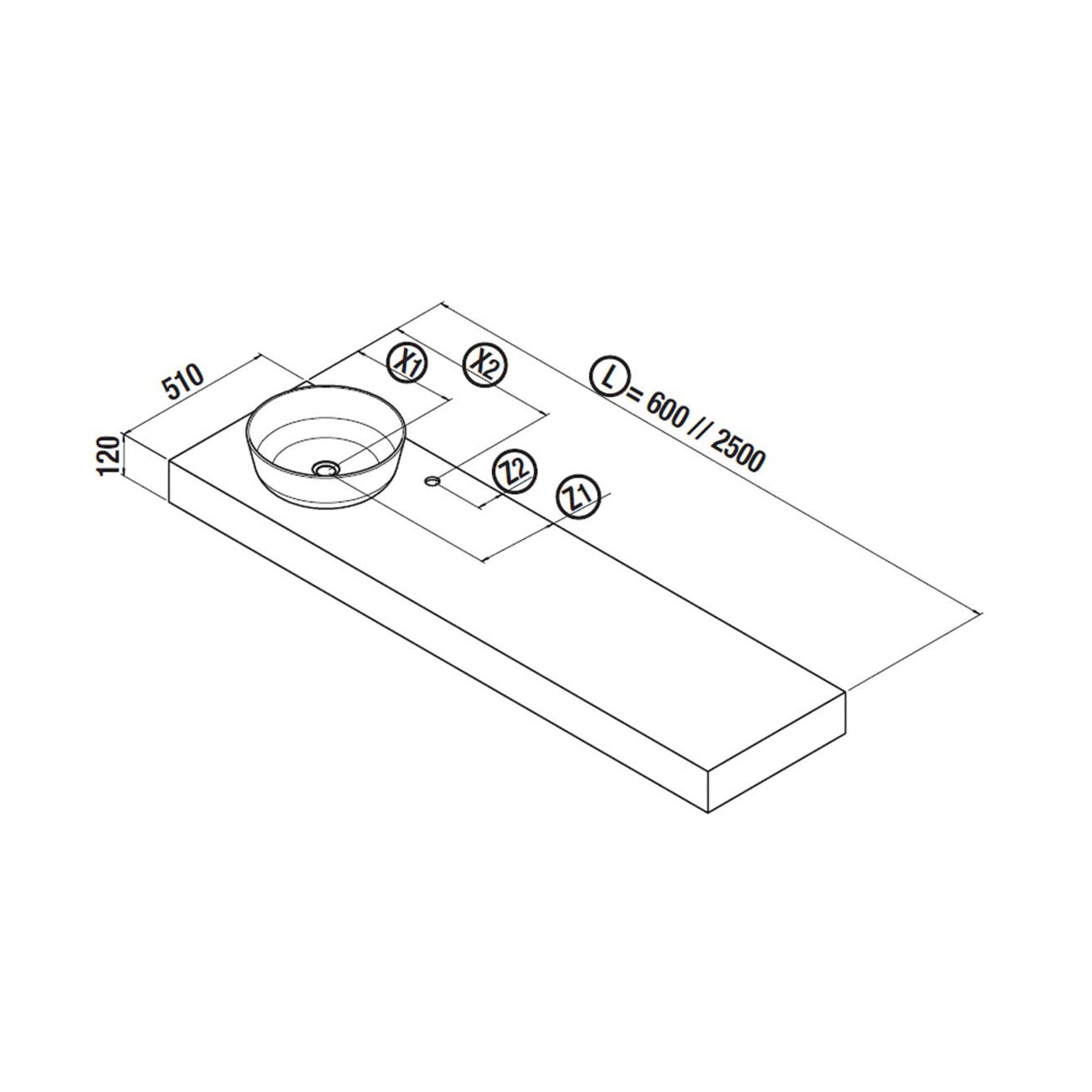 Плот Compakt с мивка върху плот в 5 различни декора - технически чертеж с размери 600/2500 мм, ширина 510 мм, височина 120 мм, онлайн магазин KERANOVA