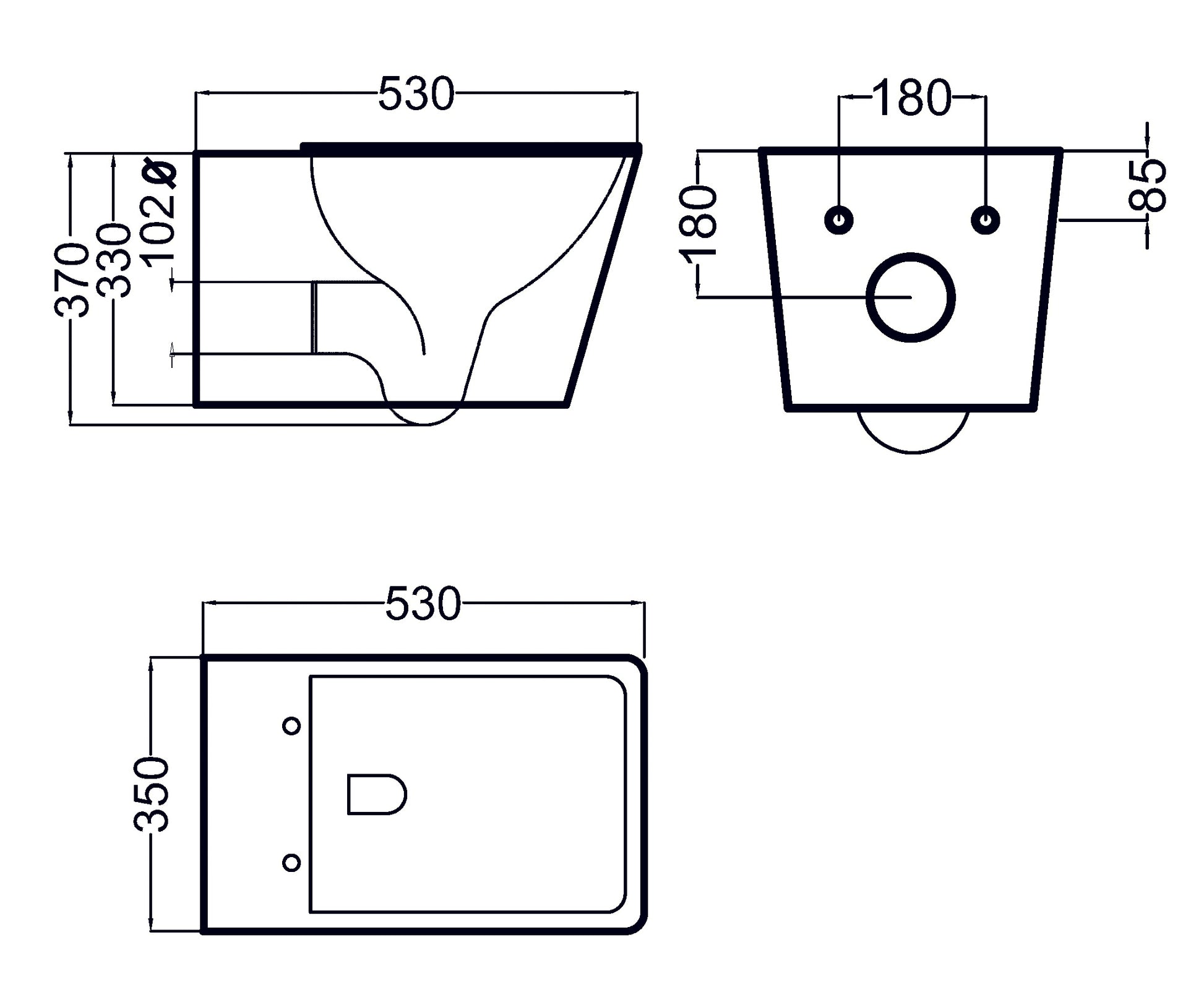 Kомплект Becrisa Amarillo Rimless и GROHE Skate Cosmopolitan - технически чертеж с размери на конзолна тоалетна 53x35 cm за онлайн магазин KERANOVA