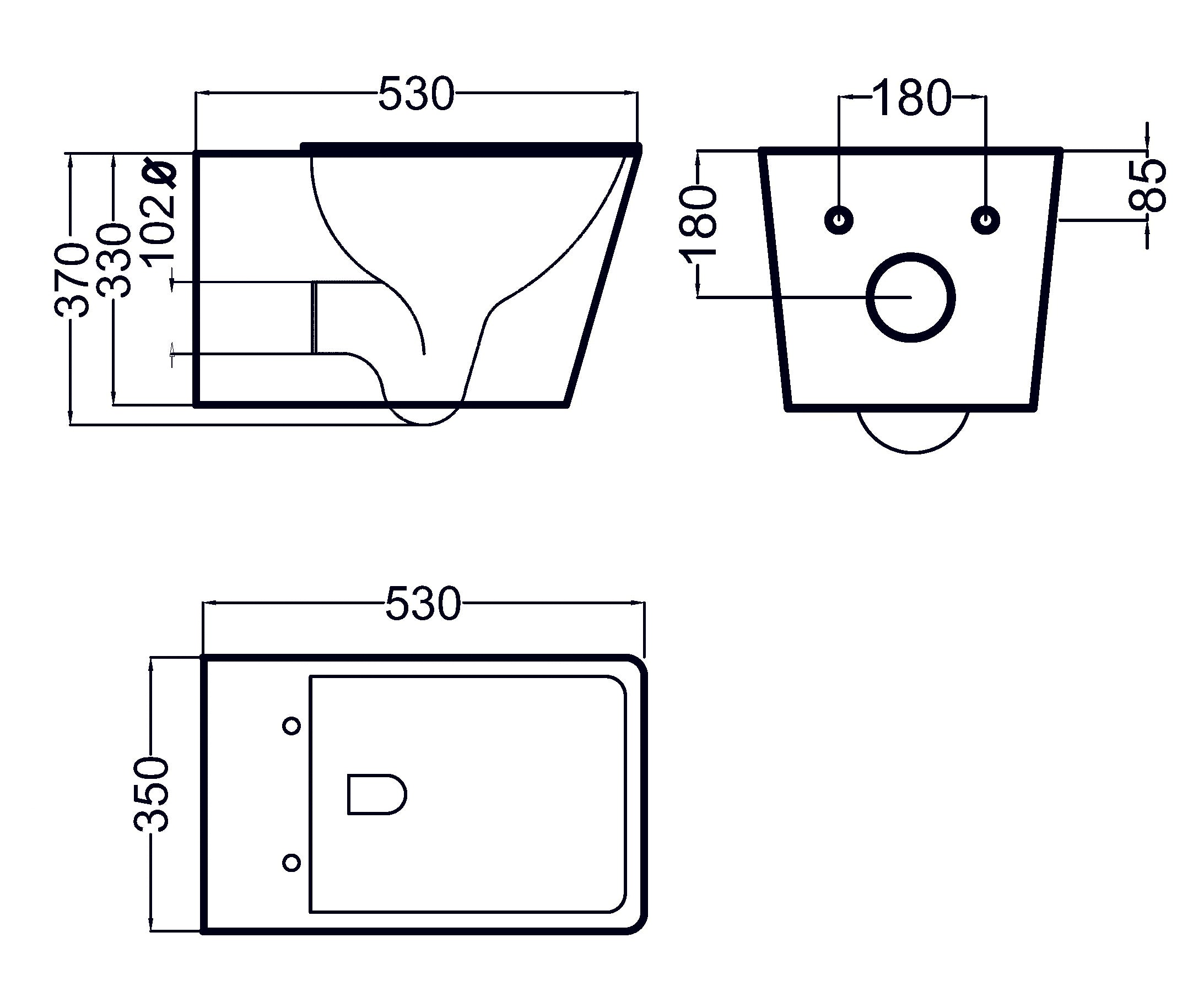 Kомплект Becrisa Amarillo Rimless и GROHE Skate Cosmopolitan - технически чертеж с размери на конзолна тоалетна 53x35 cm за онлайн магазин KERANOVA
