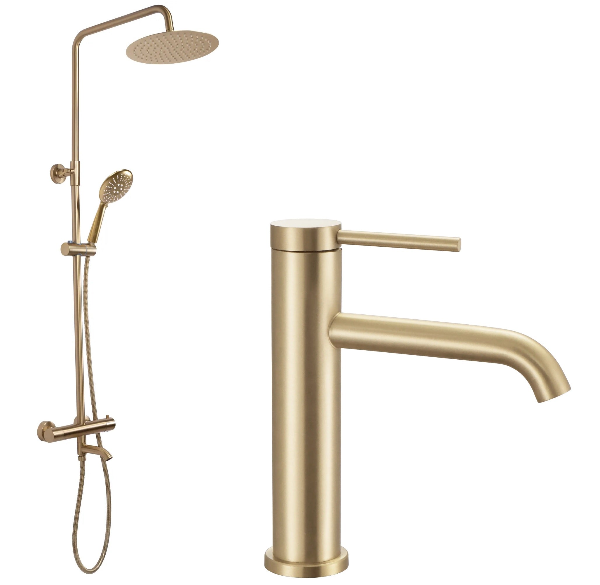 Комплект Clif Lungo Gold Brush - матирано злато: душ система и смесител златен мат за баня, онлайн магазин KERANOVA