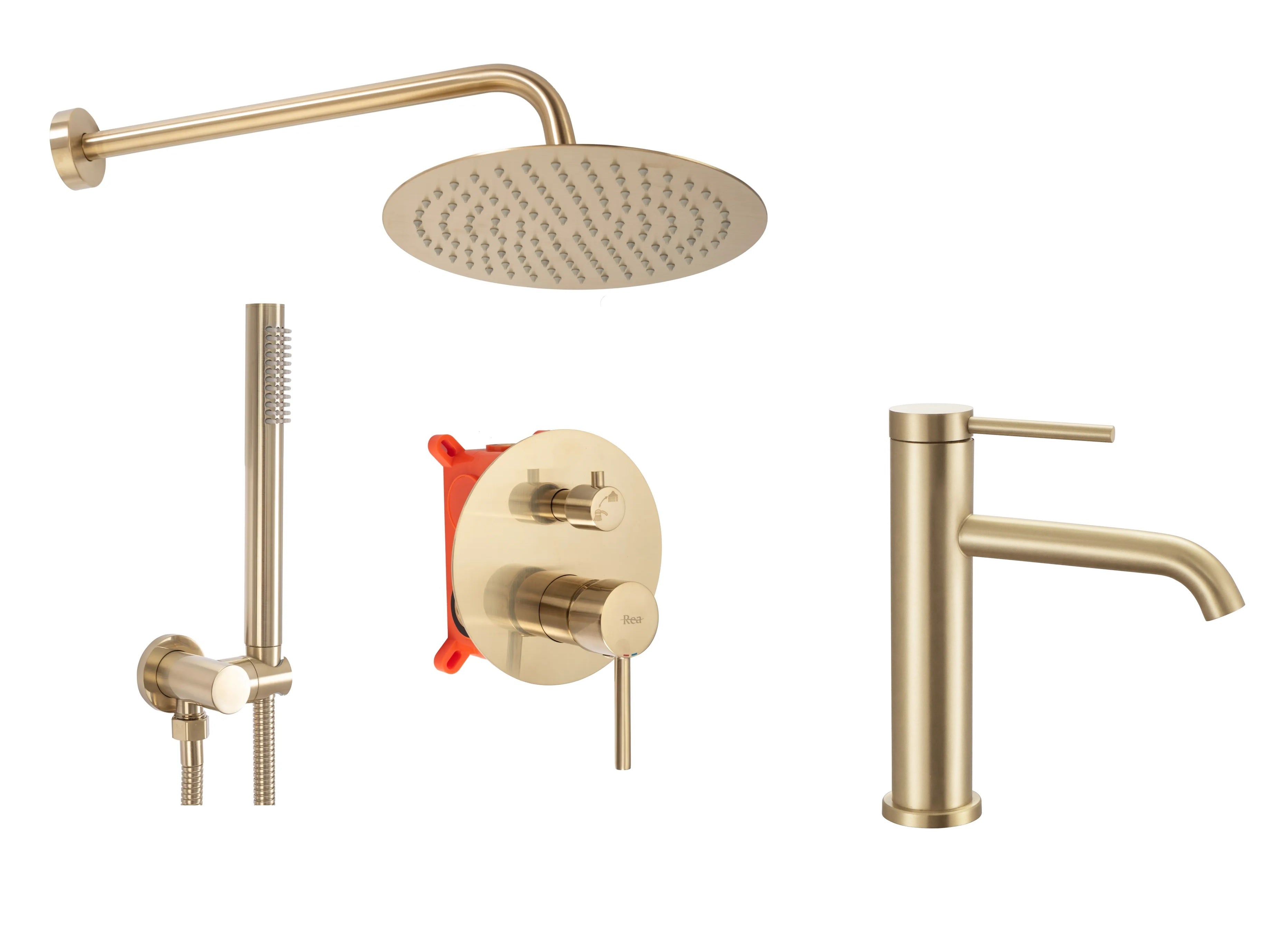 Комплект Clif Gold Brush - матирано злато: комплект душ система и смесител златен мат PVD за баня, онлайн магазин KERANOVA