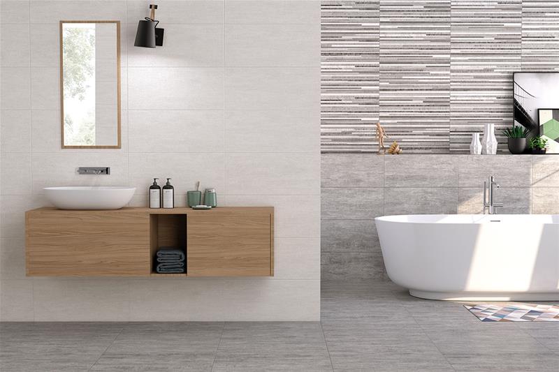 Баня Concept 29.5x59.5 - Colorker: модерен банен интериор с вана, мивка и дървен шкаф от онлайн магазин за обзавеждане за бани KERANOVA