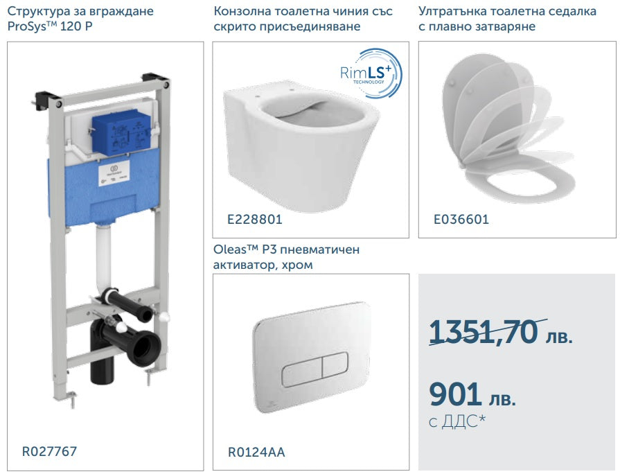 Комплект Connect Air Rimless+ - Ideal Standard вграден комплект с конзолна чиния RimLS+ и ултратънка седалка за баня - KERANOVA