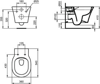 Комплект Connect Air Rimless+ - Ideal Standard технически чертеж на конзолна тоалетна и размери за онлайн магазин KERANOVA