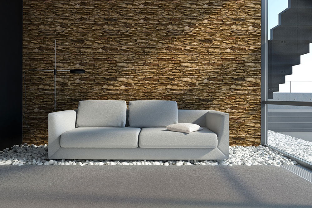 Cordillera - 5 цвята изкуствен камък за облицовка на стени в онлайн магазин KERANOVA, текстуриран земен тон зад диван