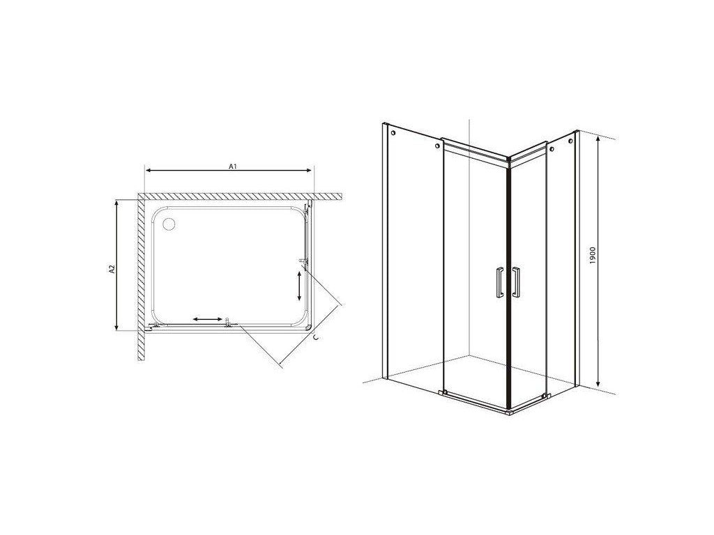 Душ кабина Elegance 90х100 см. – схема размери и монтаж, 6 мм стъкло, хромиран профил, за онлайн магазин KERANOVA