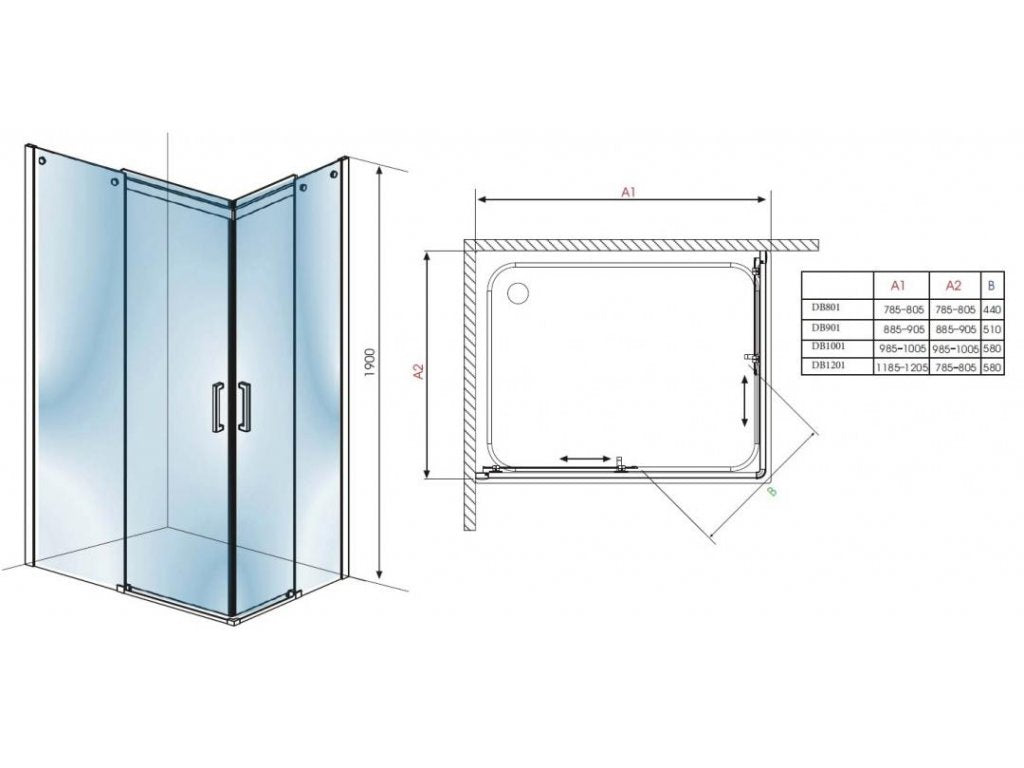 Душ кабина Elegance 100х100 см. - чертеж и изглед на луксозна 100x100x195 см душ кабина с две плъзгащи врати за KERANOVA