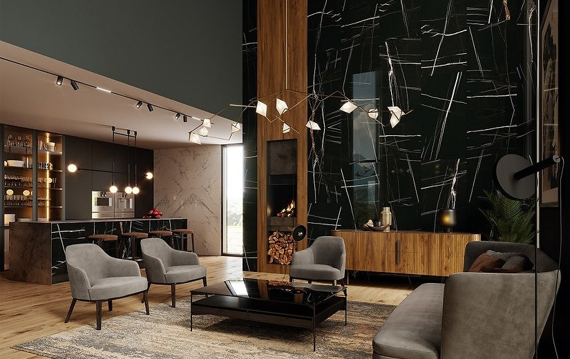 Desert Wind Black Polished 60x120 Cersanit полиран гранитогрес в модерна всекидневна, онлайн магазин за обзавеждане за бани KERANOVA