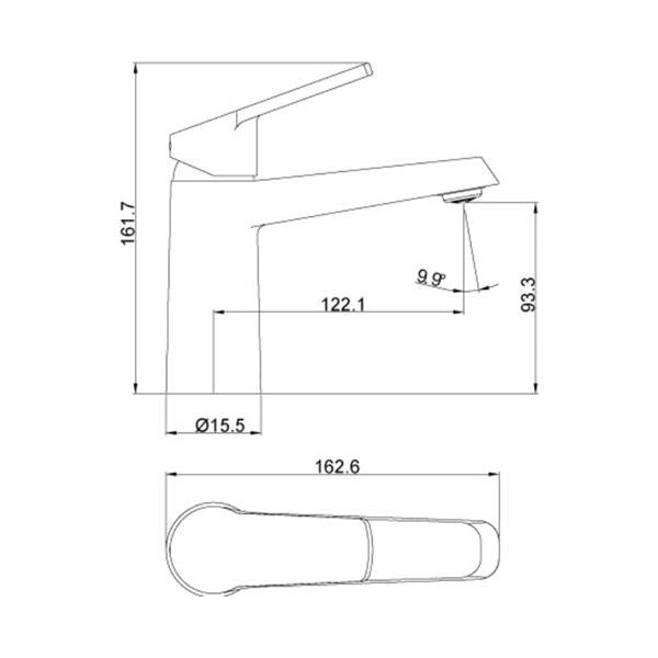 Смесител за мивка Dub DUB2951C хром, технически чертеж с размери за онлайн магазин KERANOVA