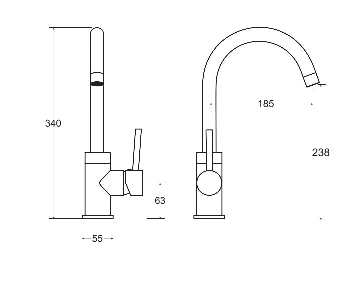 Висок смесител Decco Illusion Gold - технически чертеж с размери, модерен златен висок смесител за мивка купа KERANOVA