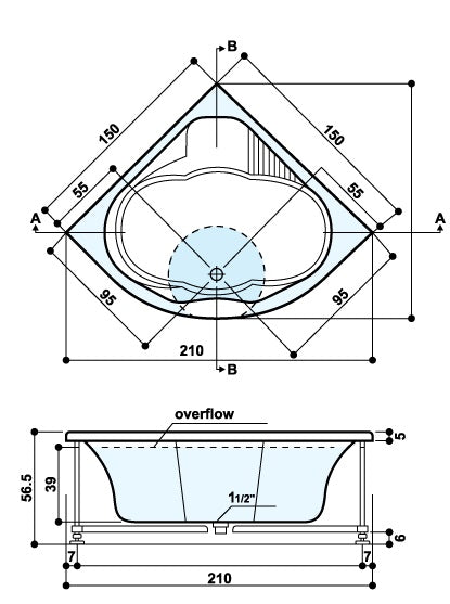 Dalia 150x150 см. акрилна вана 150x150 см, диаграма с размери, преден панел, сифон, хидро и аеромасажни джети - KERANOVA онлайн магазин