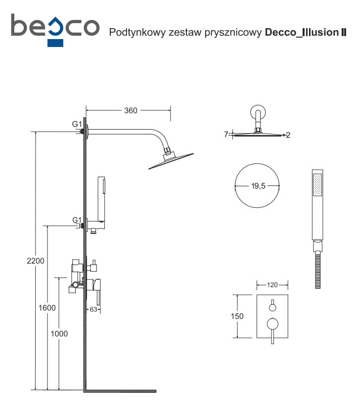 Вграден сет Decco Illusion Gold - технически чертеж на вграден душ комплект с пита, слушалка и размери за онлайн магазин KERANOVA